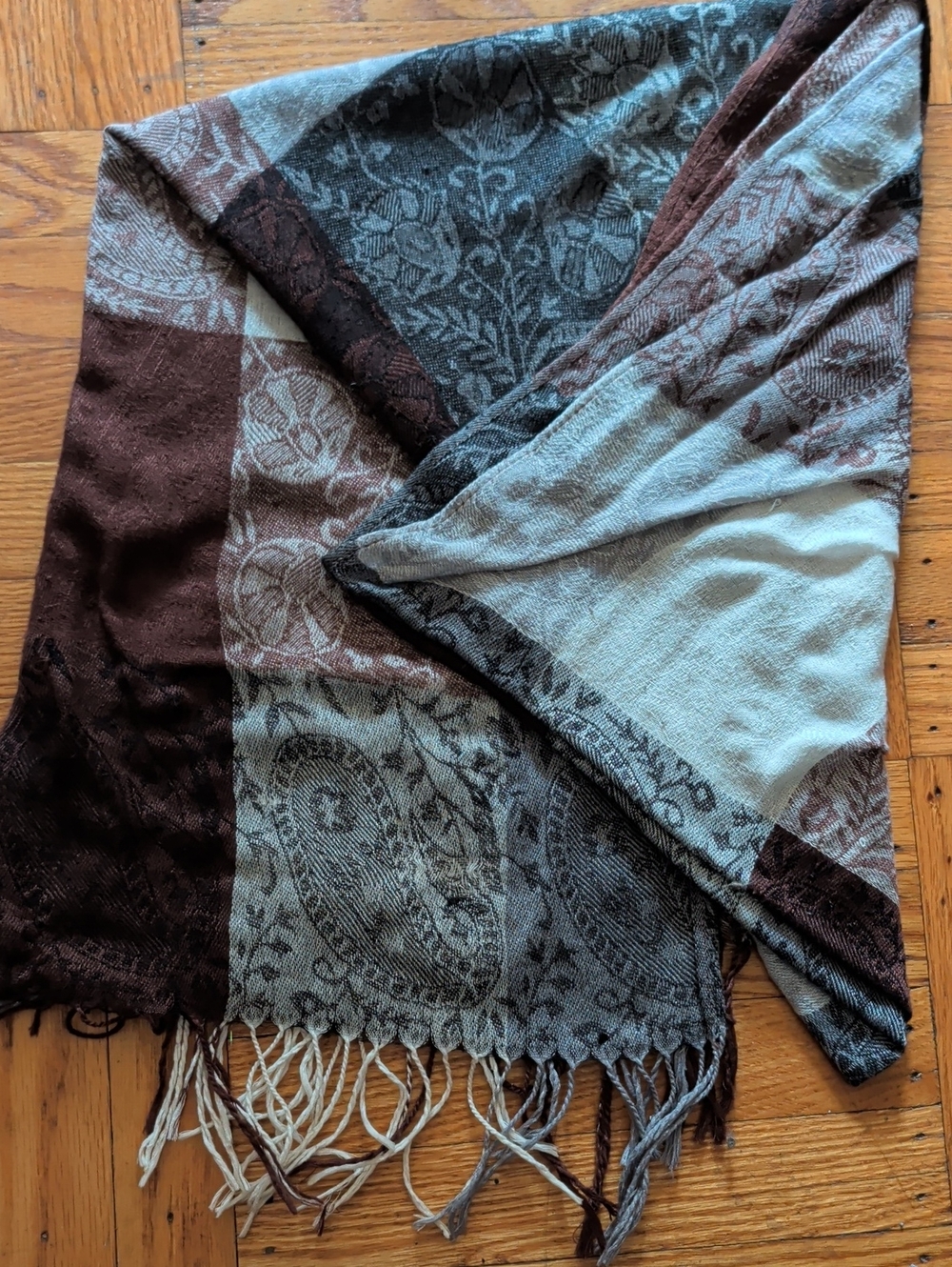 Paisley Fringe Scarf in Brown, Gray and Cream